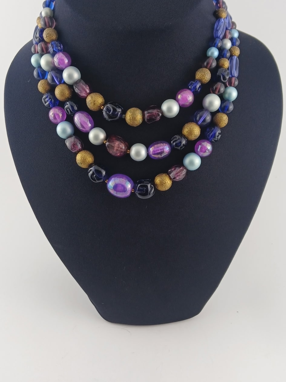 Vintage Signed Karu Arke Violet Purple The Enchanted Triple Strand Necklace